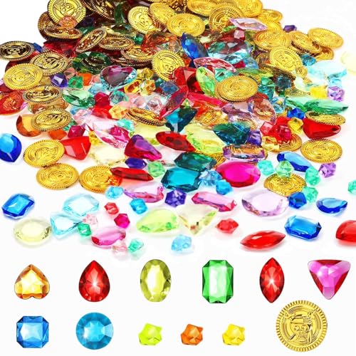 Canollo Piratenschatz Goldmünzen Set mit 50 Stück Piraten Goldmünzen und 200 Stück Verschiedene Kinder Edelsteine, Schatztruhe Kindergeburtstag Deko, Schatzsuche Spiel-Requisiten für Kindergeburtstag von Canollo