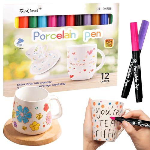 Canollo Porzellanstifte Spülmaschinenfest 12 Stück, Bunte Keramik Bemalen Stifte Set, Mit Verschleißfeste Faserspitze, Glasmalstifte Spülmaschinenfest, für Steinen, Porzellan, Glas, Keramik, Holz von Canollo