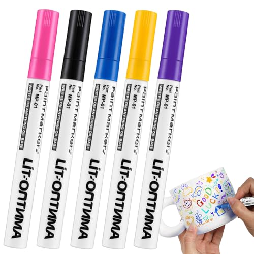 Canollo Porzellanstifte Spülmaschinenfest 5 Stück, Bunte Keramik Bemalen Stifte Set, Strichstärke 1mm, Glasmalstifte Spülmaschinenfest, für Steinen, Porzellan, Glas, Leinwand, Keramik, Holz von Canollo