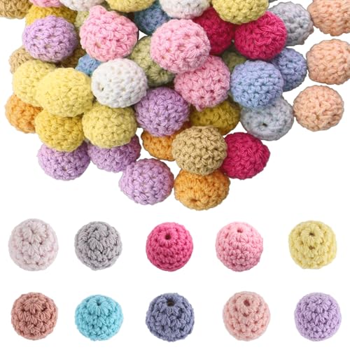 Canollo Schnullerkette Selber Machen Set, 20 Stück Holzperlen zum Auffädeln, Bunte Häkelperlen, 16mm Holzkugeln Mit Loch, DIY Schnullerkette Perlen Bastelset, Häkelperlen für DIY Schmuck Herstellung von Canollo