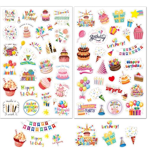Canollo Sticker Geburtstag Set (54 Motive), Selbstklebende Aufkleber Geburtstag, Party-Deko für Erwachsene & Kinder, Birthday Stickers für Scrapbook Geburtstagskarten Gästebuch Fotoalbum Geschenke von Canollo