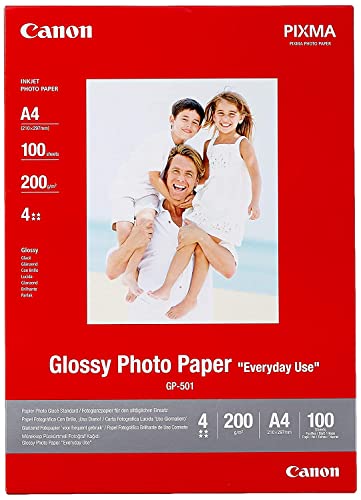 Canon Fotopapier GP-501 glänzend weiß - DIN A4 100 Blatt für Tintenstrahldrucker – PIXMA Drucker (200 g/qm), 0775B001 von Canon