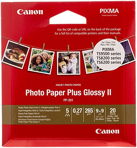 Canon Fotopapier PP-201 Plus Glossy II - 8,9 x 8,9 cm, 20 Blatt (265 g/qm) für Tintenstrahldrucker 2311B070 Weiß von Canon
