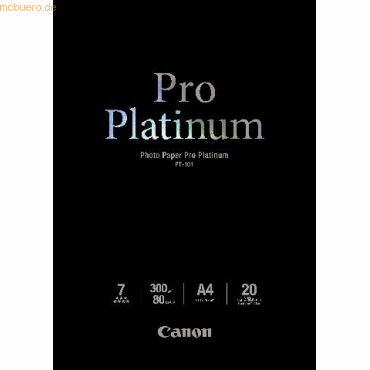 Canon Fotopapier PT101 Platinum A4 300g/qm hochlänzend VE=20 Blatt Canon Fotopapier PT101 Platinum A4 300g/qm hochlänzend VE=20 Blatt von Canon