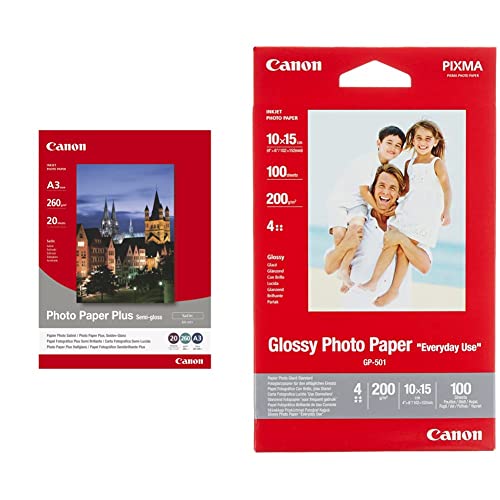 Canon Fotopapier SG-201 Plus Seidenglanz - DIN A3 20 Blatt – PIXMA Drucker (260 g/qm) & Fotopapier GP-501 glänzend weiß - 10x15cm 100 Blatt für Tintenstrahldrucker - PIXMA Drucker (200 g/qm) von Canon