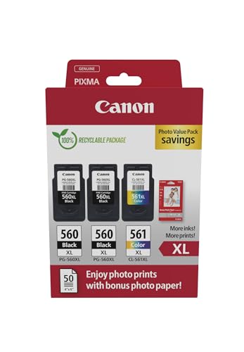 Canon Originaltinte PG-560XL x 2 / CL-561XL (3 Tintenpatronen; 2X Schwarz XL + 1x Farbe XL) - Photo Value Pack (inkl. Canon Fotopapier GP-501 50 Blatt 10x15cm) von Canon