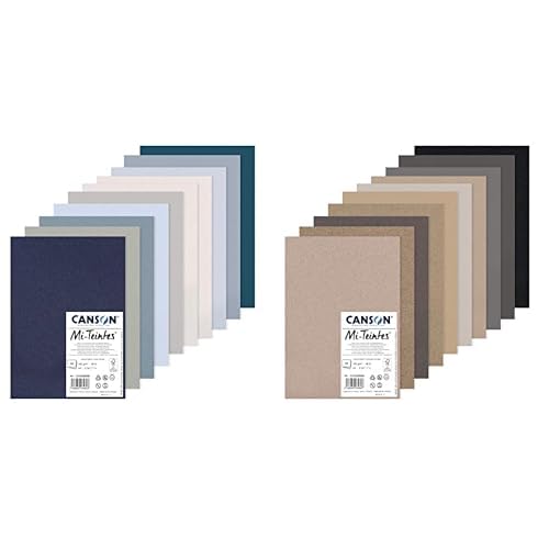 Bundle aus Canson Mi-Teintes, Farbiges Zeichenpapier, 160g, 10 DIN A4 Bögen, 10 kühle Töne + Canson Mi-Teintes, Farbiges Zeichenpapier, 160g, 10 DIN A4 Bögen, 10 Grautöne von Canson