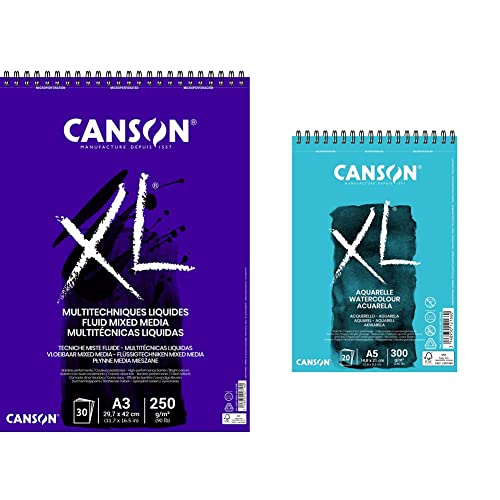 CANSON,807215,XL AA8Mix-Media Block,DIN A4, 30Blatt, 300 g/m² & XL Aquarelle C400082843: DIN A5 - Aquarell Malblock in weiß - Zeichenblock für Aquarell - 300g - Watercolor Paper mit Spiralbindung von Canson