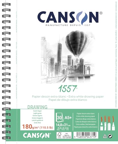 CANSON 1557® Spiralalbum 30 Blatt Zeichenpapier – leichte Körnung – A5+ 180 g/m² – extra weiß von Canson
