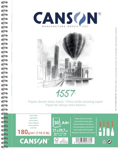CANSON 1557, Zeichenpapier, weiß, leichte Körnung, 180 g/m², 110,5 lb, Spiralalbum, große Seite, A4-21 x 29,7 cm, extra weiß, 30 Blatt von Canson