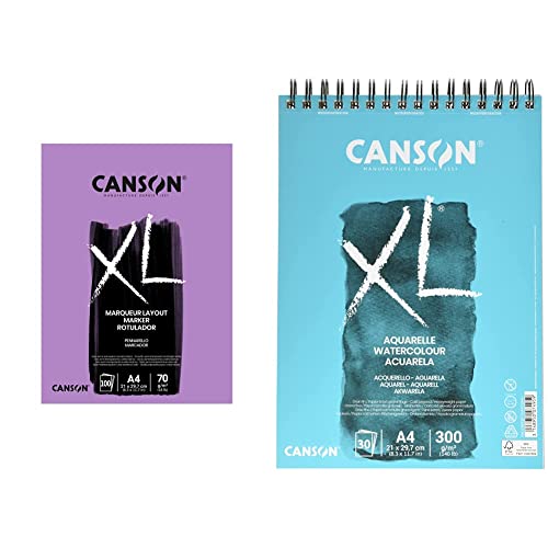 CANSON 297236 XL® Marker, Markerblock, DIN A4, 100 Blatt, 70 g/m² & XL Aquarelle C400039170: Aquarellpapier - Aquarellblock in DIN A4 - 300g - mit Spiralbindung als Ringbuch, Blau von Canson