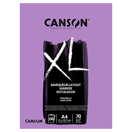 CANSON XL Marker, halbtransparentes, sehr glattes Zeichenpapier, 70 g/m², an der kurzen Seite geleimter Block, DIN A4 21 x 29,7 cm, Extraweiß, 100 Blatt von Canson