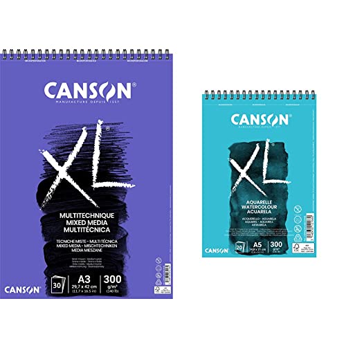 CANSON 807216 XL Mix-Media Block, DIN A3, 30Blatt,300g/m² & XL Aquarelle C400082843: DIN A5 - Aquarell Malblock in weiß - Zeichenblock für Aquarell - 300g von Canson