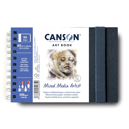 CANSON Art Book Mixed Media Artist Spiralbuch, 64 Seiten, Multitechnik-Papier, feine Körnung, 21 x 14,8 cm, 300 g/m², Weiß von Canson
