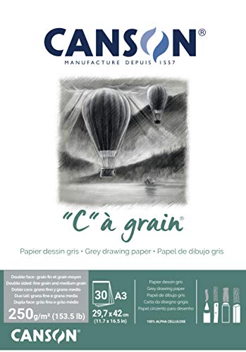 CANSON "C" à grain Block, DIN A3, 30 Blatt, 250 g/m², Grau-meliert, leicht gekörnt von Canson