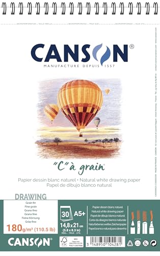 Canson 400060623 "C" a grain-leicht gekörnt Zeichenpapier, 180 g/qm, A5+, 30 Blatt pro Block "Spirale an der kurzen Seite", 148 x 235 mm, weiß von Canson