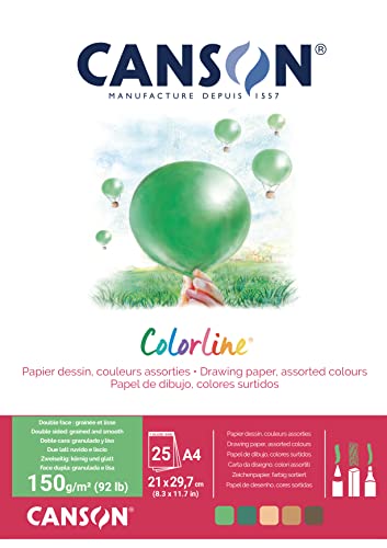 CANSON Colorline, Farbiges Zeichenpapier, Zweiseitig: gekörnt und glatt, 150gsm, 92lb, An der kurzen Seite geleimter Block, A4-21x29,7cm, 5 verschiedene Farbtöne, 25 Blatt - C31074P003 von Canson