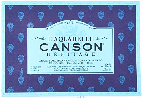 CANSON Héritage Aquarellblock rundumgeleimt, 18 x 26 cm, 20 Blatt, 300 g/m², Grobkorn von Canson