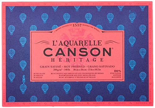 CANSON Héritage Aquarellblock rundumgeleimt, 18 x 26 cm, 20 Blatt, 300 g/m², Satiniert von Canson