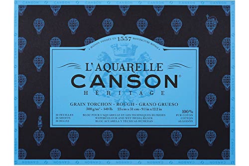 Canson Héritage Aquarellblock, 23 x 31 cm, 20 Blatt, 300 g, 4-seitig, geklebt, Weiß von Canson