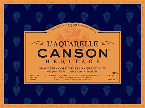 CANSON Héritage Aquarellblock rundumgeleimt, 23 x 31 cm, 12 Blatt, 640 g/m², Feinkorn von Canson