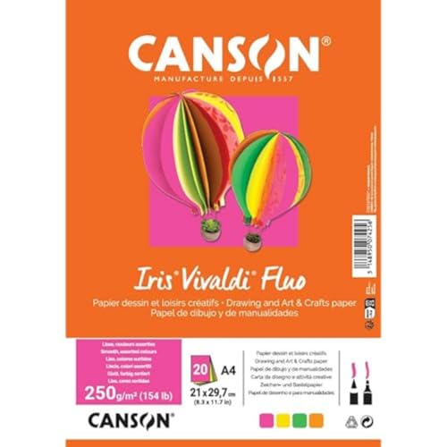 CANSON Iris Vivaldi, farbiges Zeichenpapier, glatt, 250 g, Blatt, A4-21 x 29,7, 4 Neonfarben, 20 Blatt, bunt CANSON Iris Vivaldi, farbiges Zeichenpapier, glatt, 250 g, Blatt, A4-21 x 29,7, 4 Neonfarben, 20 Blatt, bunt von Canson