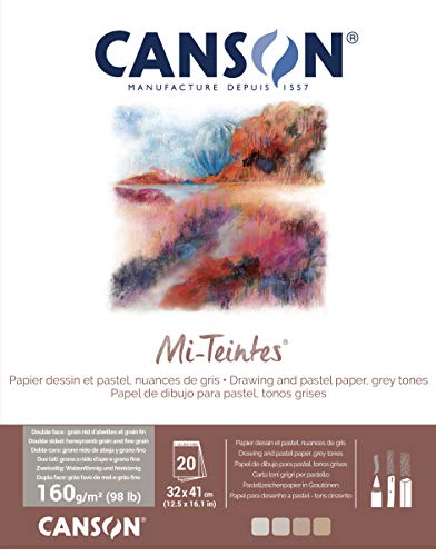 CANSON Mi-Teintes, Farbiges Zeichenpapier, Zweiseitg: Bienenwaben-Struktur und feine Körnung, 160gsm, 98lb, An der kurzen Seite geleimter Block, 32x41cm, 4 Grautöne, 20 Blatt - C31032P004 von Canson