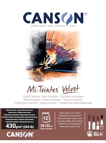 CANSON Mi-Teintes Velvet, Pastellpapier, samtige Oberfläche, 430 g/m², auf der kurzen Seite geleimter Block, 24 x 32 cm, Schwarz, 12 Blatt CANSON Mi-Teintes Velvet, Pastellpapier, samtige Oberfläche, 430 g/m², auf der kurzen Seite geleimter Block, 24 x 32 cm, Schwarz, 12 Blatt von Canson
