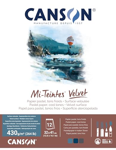 CANSON Mi-Teintes Velvet, Pastellpapier, samtige Oberfläche, 430 g/m², auf der kurzen Seite geleimter Block, 32 x 41 cm, 3 kühle Töne, 12 Blatt CANSON Mi-Teintes Velvet, Pastellpapier, samtige Oberfläche, 430 g/m², auf der kurzen Seite geleimter Block, 32 x 41 cm, 3 kühle Töne, 12 Blatt von Canson