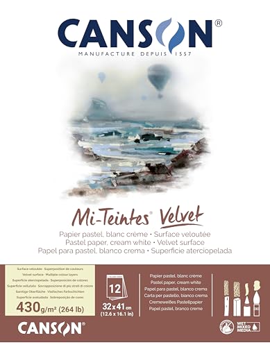 CANSON Mi-Teintes Velvet, Pastellpapier, samtige Oberfläche, 430 g/m², auf der kurzen Seite geleimter Block, 32 x 41 cm, Cremeweiß, 12 Blatt CANSON Mi-Teintes Velvet, Pastellpapier, samtige Oberfläche, 430 g/m², auf der kurzen Seite geleimter Block, 32 x 41 cm, Cremeweiß, 12 Blatt von Canson