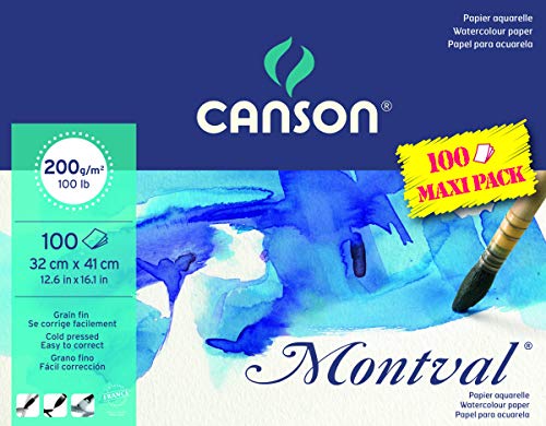 CANSON Montval® Aquarellblock an der langen Seite geleimt, 32 x 41 cm, 100 Blatt, 200 g/m², Feinkorn, weiß von Canson