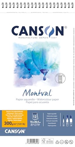 CANSON Montval Aquarellpapier Spiralblock, feine Körnung, 300 g/m², 12 Blatt, 16 x 28,4 cm von Canson