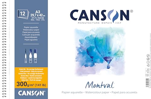 CANSON Montval Aquarellpapier, feine Körnung, 300 g/m², Blatt, A3-29,7 x 42 cm, Schwarz von Canson