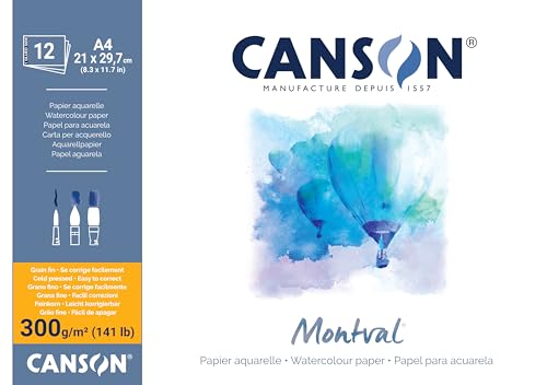 CANSON Montval Aquarellpapier, feine Körnung, 300 g/m², Blatt, A4-21 x 29,7 cm, Naturweiß von Canson