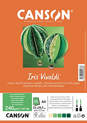 CANSON Packung mit 25 Blatt IRIS VIVALDI A4, 240 g/m², verschiedene Farben, cremefarben/grün/braun von Canson