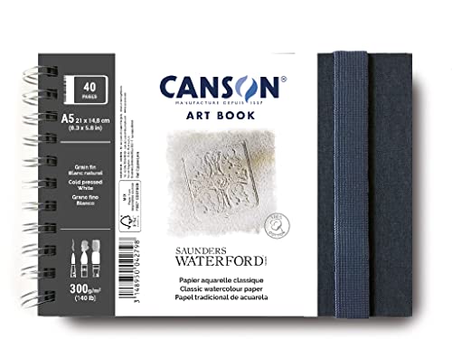 CANSON Professionelles Kunstbuch, feinkörniges Aquarellpapier, Saunders Waterford-Papier, 300 g/m², A5, Spiralbindung, Querformat, 20 weiße Blätter, ideal für professionelle Künstler und Studenten von Canson