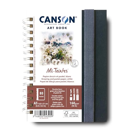 CANSON - Professional Book – Farbiges Zeichenpapier – doppelseitig: Wabenstruktur, feine Körnung – 160 g/m² – Spiralbindung – A5-14 – 8 x 21 cm – Weiß – 40 Blatt von Canson