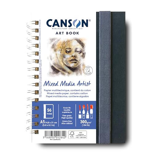 CANSON Professionelles Kunstbuch, feinkörniges Mischmedia-Papier, 300 g/m², A5, Spiralhochformat, 28 weiße Blätter, ideal für professionelle Künstler und Studenten von Canson