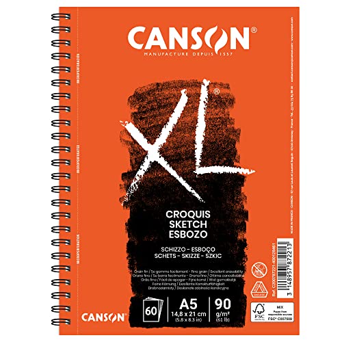 Canson 200787221 XL Skizzen Blocks, leicht gekörnt, 90 g/m², 60 Blatt pro Block "Spirale an der langen Seite", 148 x 210 mm, creme von Canson
