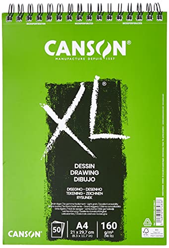 CANSON XL Zeichenpapier, leichte Körnung, 160 g/m², an der kurzen Seite spiralgebundener Block, DIN A4 21 x 29,7 cm, Weiß, 50 Blatt von Canson