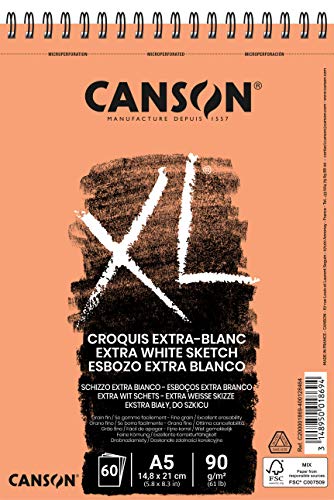 Canson 200001869 XL Extra Blanc Block fein 90 g/qm, 50 Blatt pro Block "Spirale an der kurzen Seite", 148 x 217 mm, von Canson