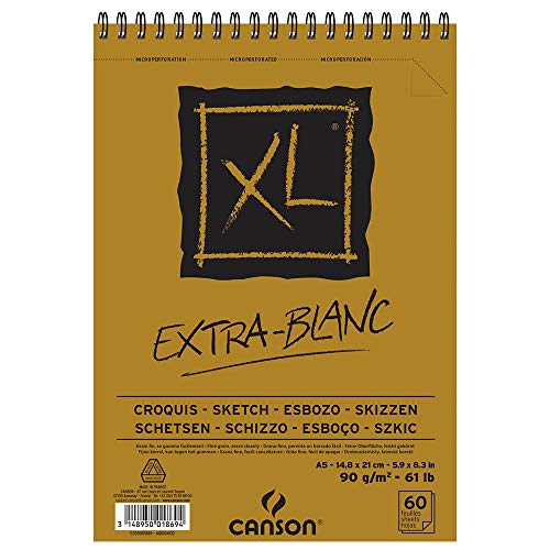 Canson 200001869 XL Extra Blanc Block fein 90 g/qm, 50 Blatt pro Block "Spirale an der kurzen Seite", 148 x 217 mm, von Canson