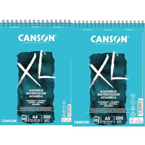 CANSON XL Aquarelle C400039170: Aquarellpapier, Blau & XL Aquarelle C400082843: DIN A5 - Aquarell Malblock in weiß - Zeichenblock für Aquarell - 300g - Hochwertiges Canson Watercolor Paper von Canson