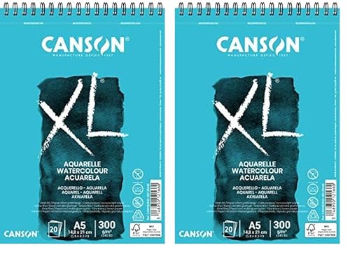 CANSON XL Aquarelle C400082843: DIN A5 - Aquarell Malblock in weiß - Zeichenblock für Aquarell - 300g - Hochwertiges Canson Watercolor Paper mit Spiralbindung (Packung mit 2) von Canson
