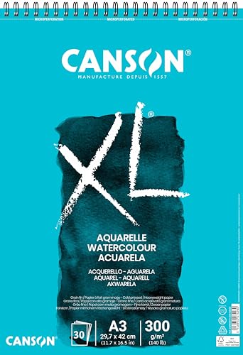 CANSON XL Aquarellpapier, fein, 300 g/m², an der kurzen Seite spiralgebundener Block, DIN A3, 29,7 x 42 cm, Weiß, 30 Blatt CANSON XL Aquarellpapier, fein, 300 g/m², an der kurzen Seite spiralgebundener Block, DIN A3, 29,7 x 42 cm, Weiß, 30 Blatt von Canson