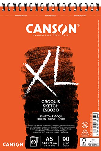 CANSON XL Croquis Spiralblock C200787220: DIN A5-60 Blatt - 90 g/m² - Skizzenblock in cremeweiß - spiralgebunden - für Trockentechniken geeignet von Canson