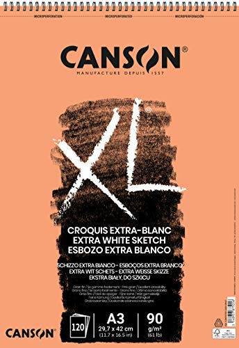 CANSON Extra weißes Skizzenpapier, 90 g/m², A3, feine Körnung, Spiralblock, kurze Seite, 120 Blatt, ideal für professionelle Künstler und Studenten von Canson