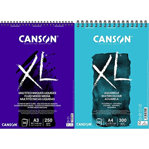 CANSON XL Mix-Media Block, DIN A3, 30 Blatt, 300 g/m² & XL Aquarelle: Aquarellpapier - Aquarellblock in DIN A4-300g - mit Spiralbindung als Ringbuch - Malblock optimal für Wasserfarben & Aquarell von Canson