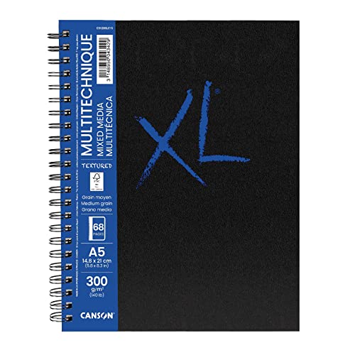 CANSON XL-Papier, strukturiert, gemischte Medien, 300 g/m², A5, mittlere Körnung, Spiralblock, lange Seite, 34 weiße Blätter, ideal für professionelle Künstler und Studenten von Canson