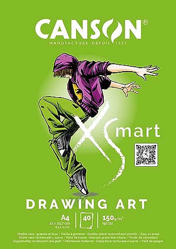 CANSON XSmart Drawing Art, Zeichenpapier, weiß, doppelseitig: strukturiert und weich, 150 g/m², Längseitig geklebter Block, A4-21 x 29,7 cm, Weiß, 40 Blatt CANSON XSmart Drawing Art, Zeichenpapier, weiß, doppelseitig: strukturiert und weich, 150 g/m², Längseitig geklebter Block, A4-21 x 29,7 cm, Weiß, 40 Blatt von Canson